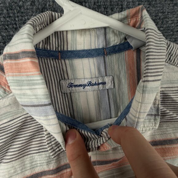 Tommy Bahama Striped Medium Gray Blue Orange Colorful Button Up Tencel Cotton - Picture 8 of 16